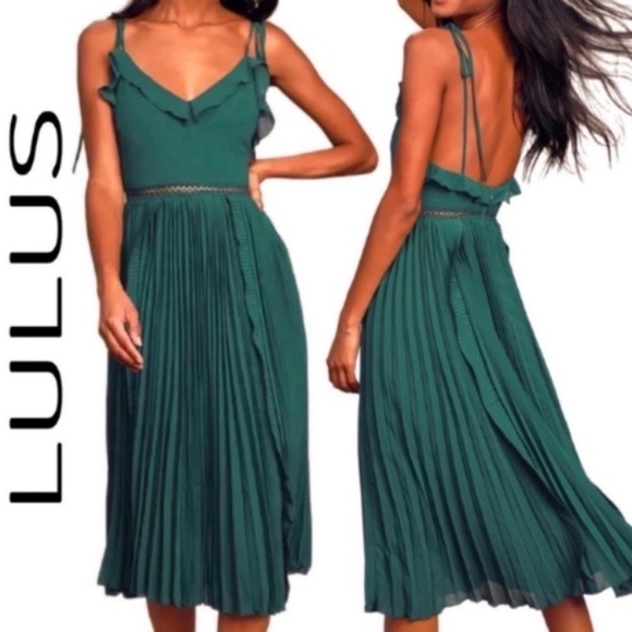 Lulus Never a Dull Moment Tie-Strap Pleated Midi Dress Emerald Green XSmall